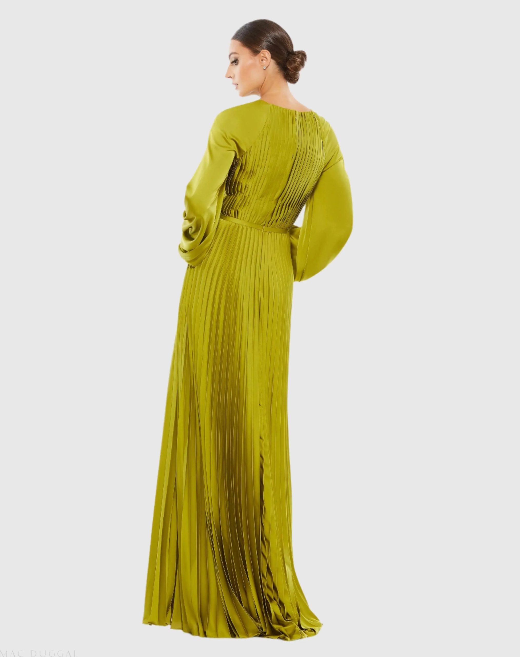 Green Pleated High Neck Long Sleeve Gown with Slit - Image 3