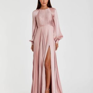 Pink Pleated High Neck Raglan Long Sleeve Side Slit Gown