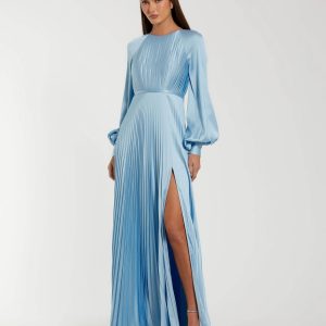 Blue Pleated High Neck Raglan Long Sleeve Side Slit Gown