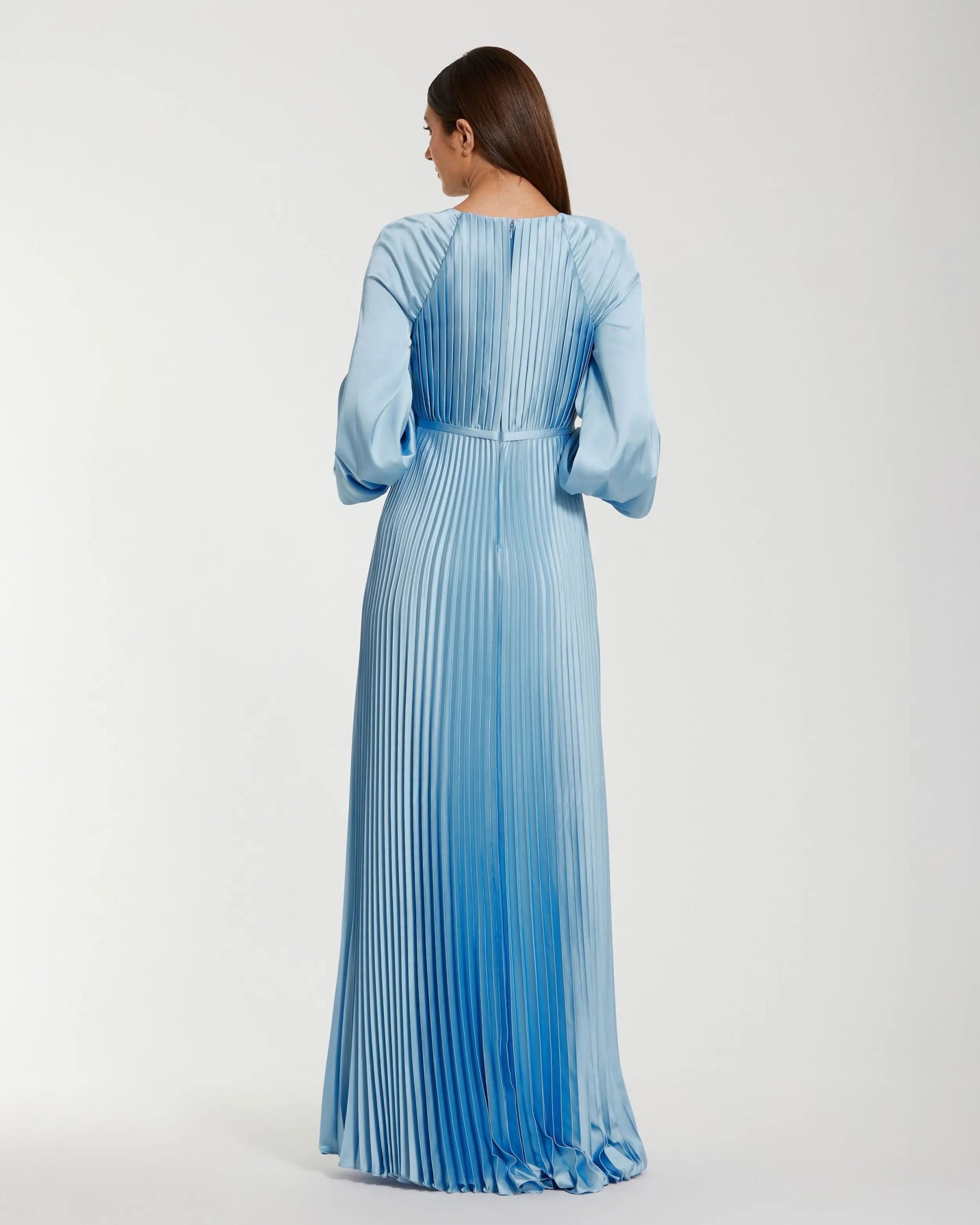 Blue Pleated High Neck Raglan Long Sleeve Side Slit Gown - Image 3