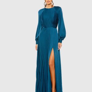 Blue Pleated High Neck Long Sleeve Gown with Slit