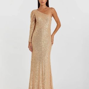Gold Sequined One Shoulder Trumpet Gown
