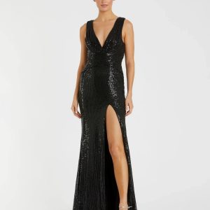 Black V-Neck Sequin Wrap Waist Gown