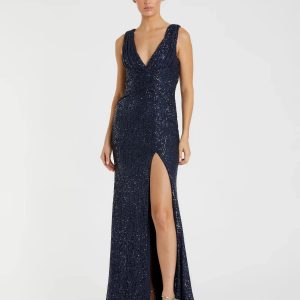 Navy V-Neck Sequin Wrap Waist Gown