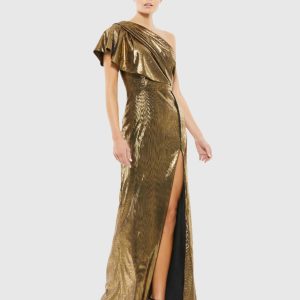 Gold Ruffled One Shoulder Metallic Evening Gown - FINAL SALE