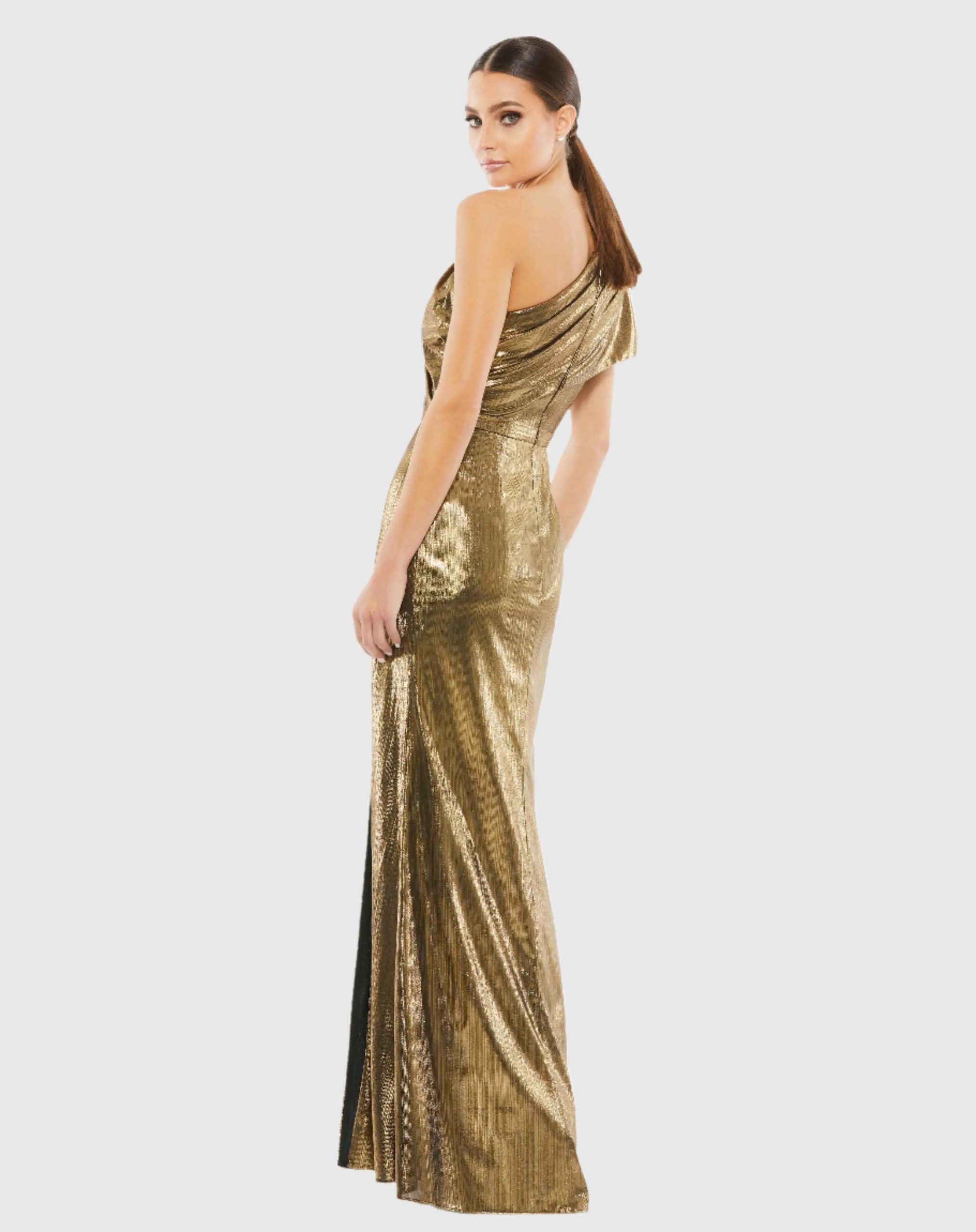 Gold Ruffled One Shoulder Metallic Evening Gown - FINAL SALE - Image 3