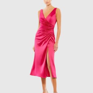 Satin Ruched V-Neck Faux Wrap Midi Dress