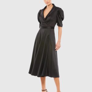Black Satin Lapel Puff Sleeve Tea Length Dress