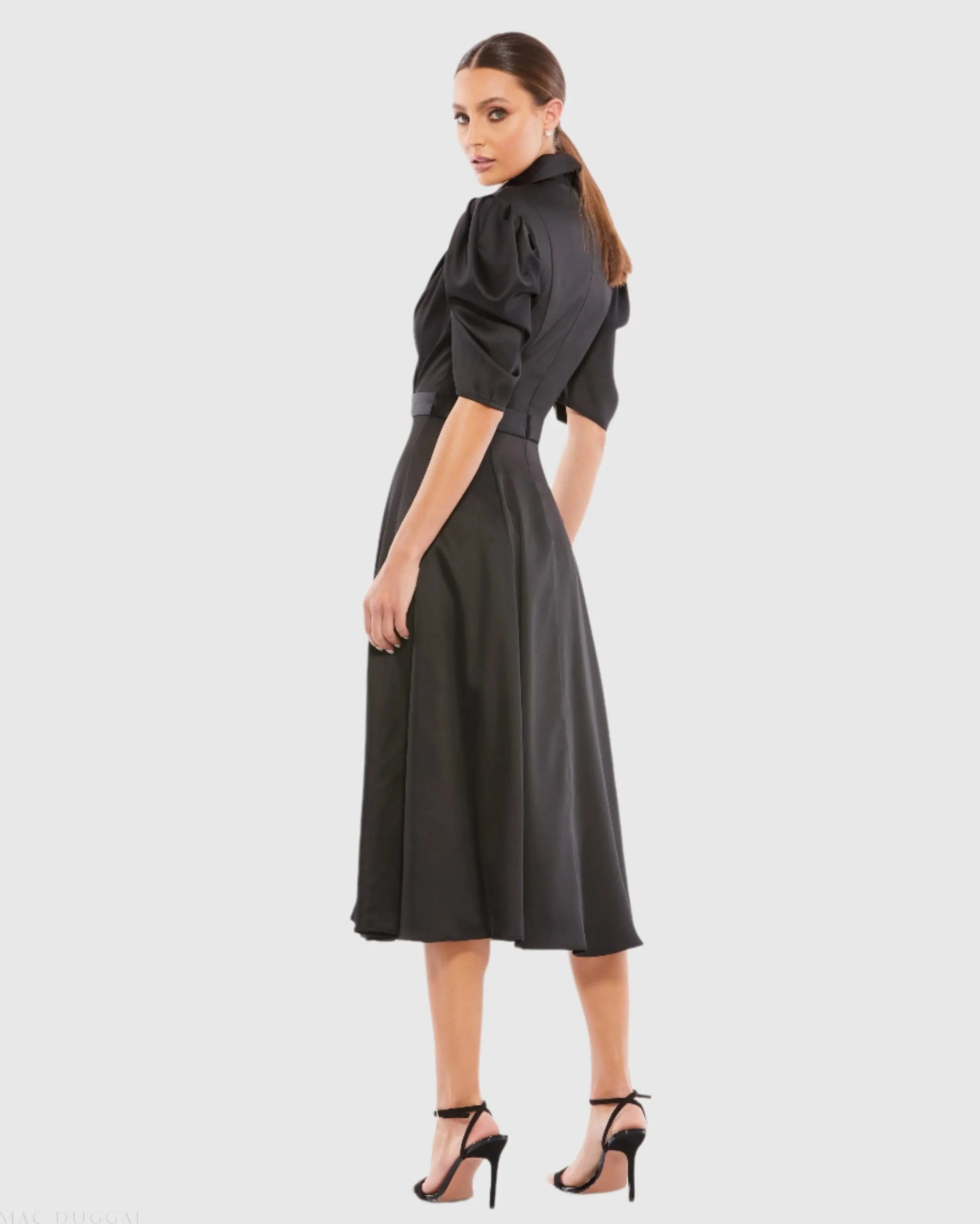 Black Satin Lapel Puff Sleeve Tea Length Dress - Image 3