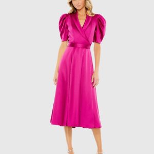 Pink Satin Lapel Puff Sleeve Tea Length Dress