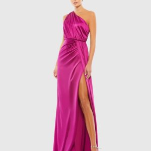 Purple Gathered One Shoulder Satin Faux Wrap Gown
