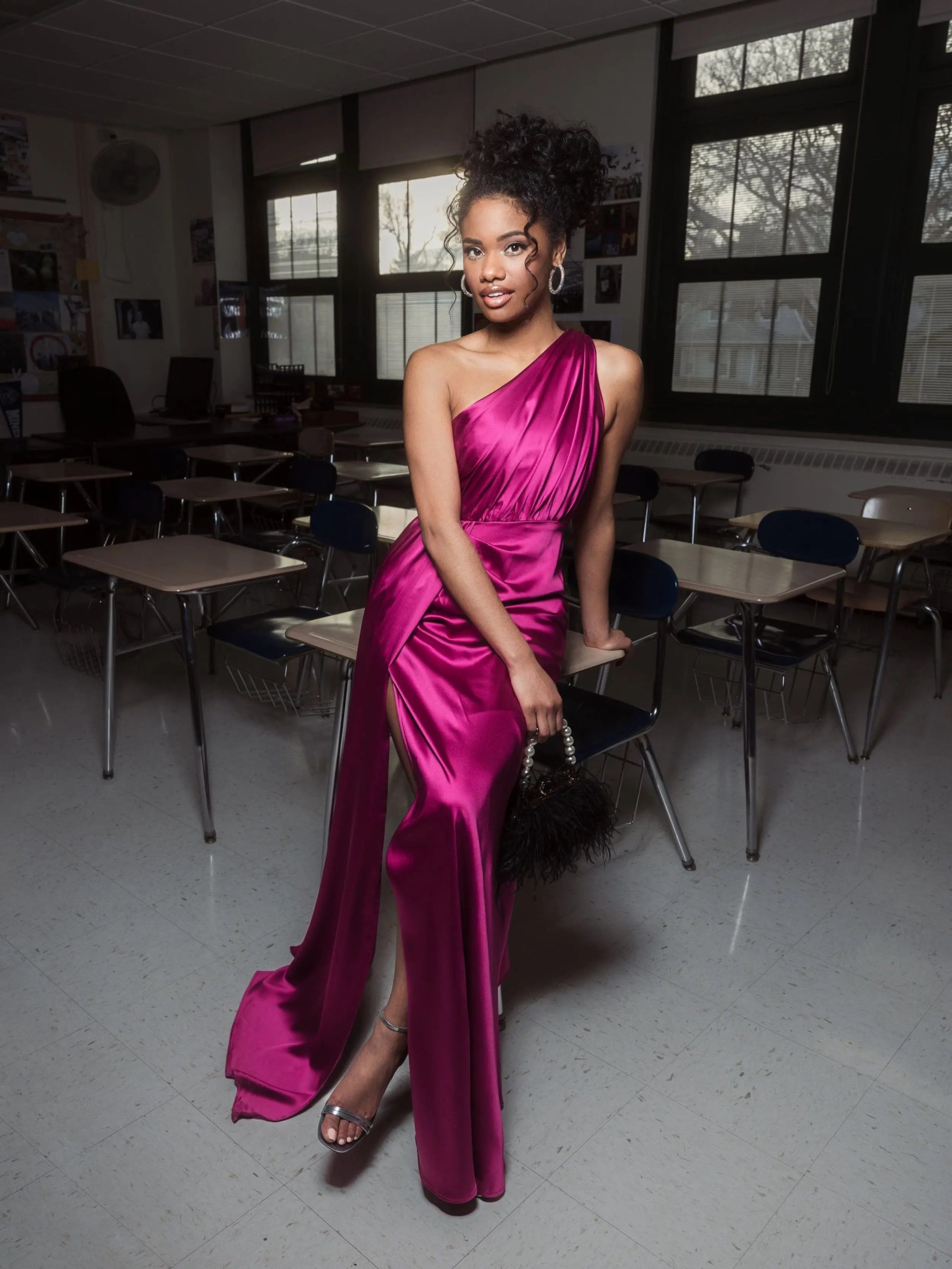Purple Gathered One Shoulder Satin Faux Wrap Gown - Image 5