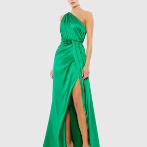Green Gathered One Shoulder Satin Faux Wrap Gown