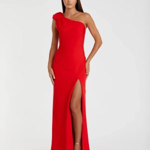 Red Crepe One Shoulder Bow Gown