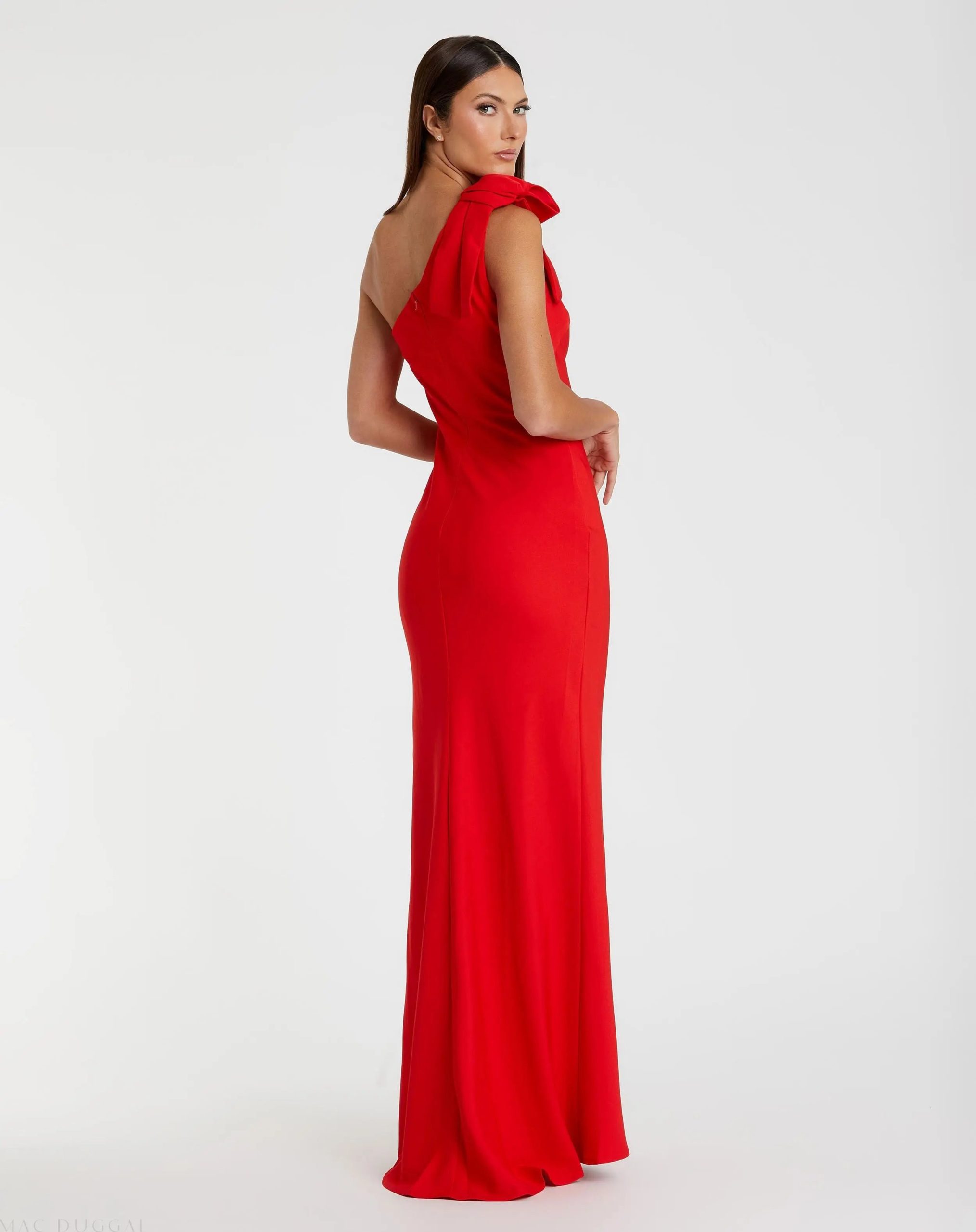 Red Crepe One Shoulder Bow Gown - Image 3