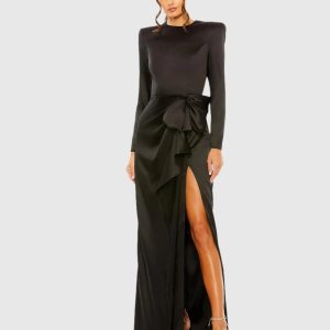 Black Long Sleeve Satin Structured Bow Draped Column Gown