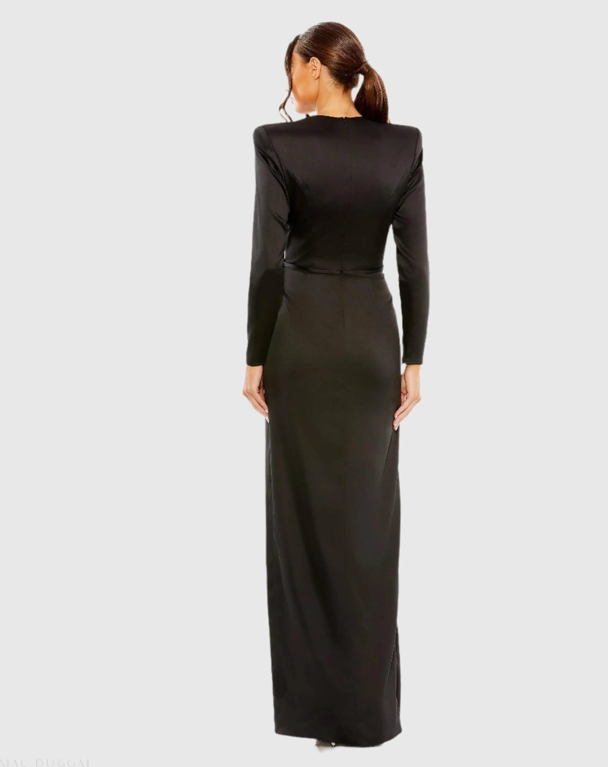 Black Long Sleeve Satin Structured Bow Draped Column Gown - Image 3