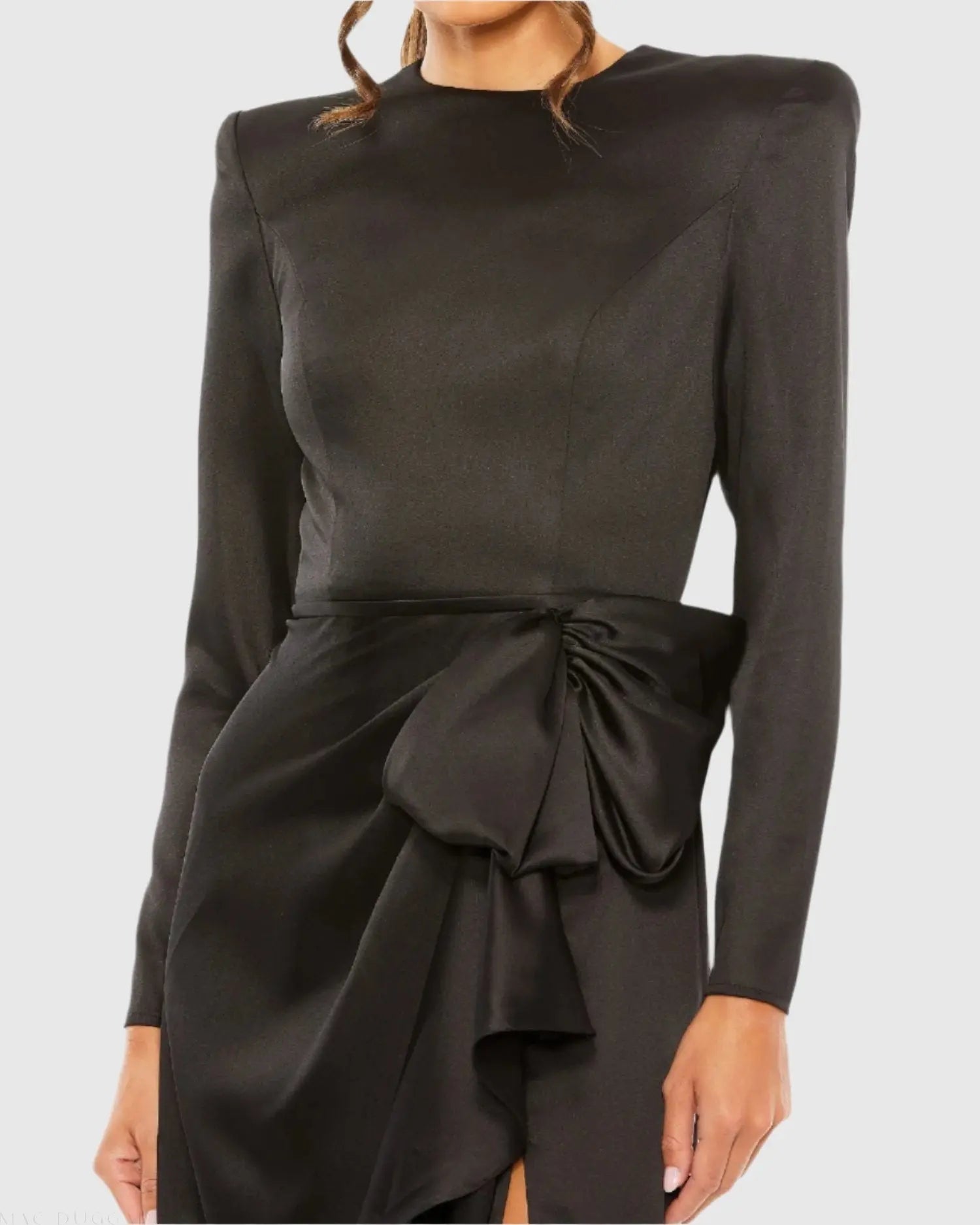 Black Long Sleeve Satin Structured Bow Draped Column Gown - Image 2