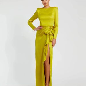 Green Long Sleeve Satin Structured Bow Draped Column Gown