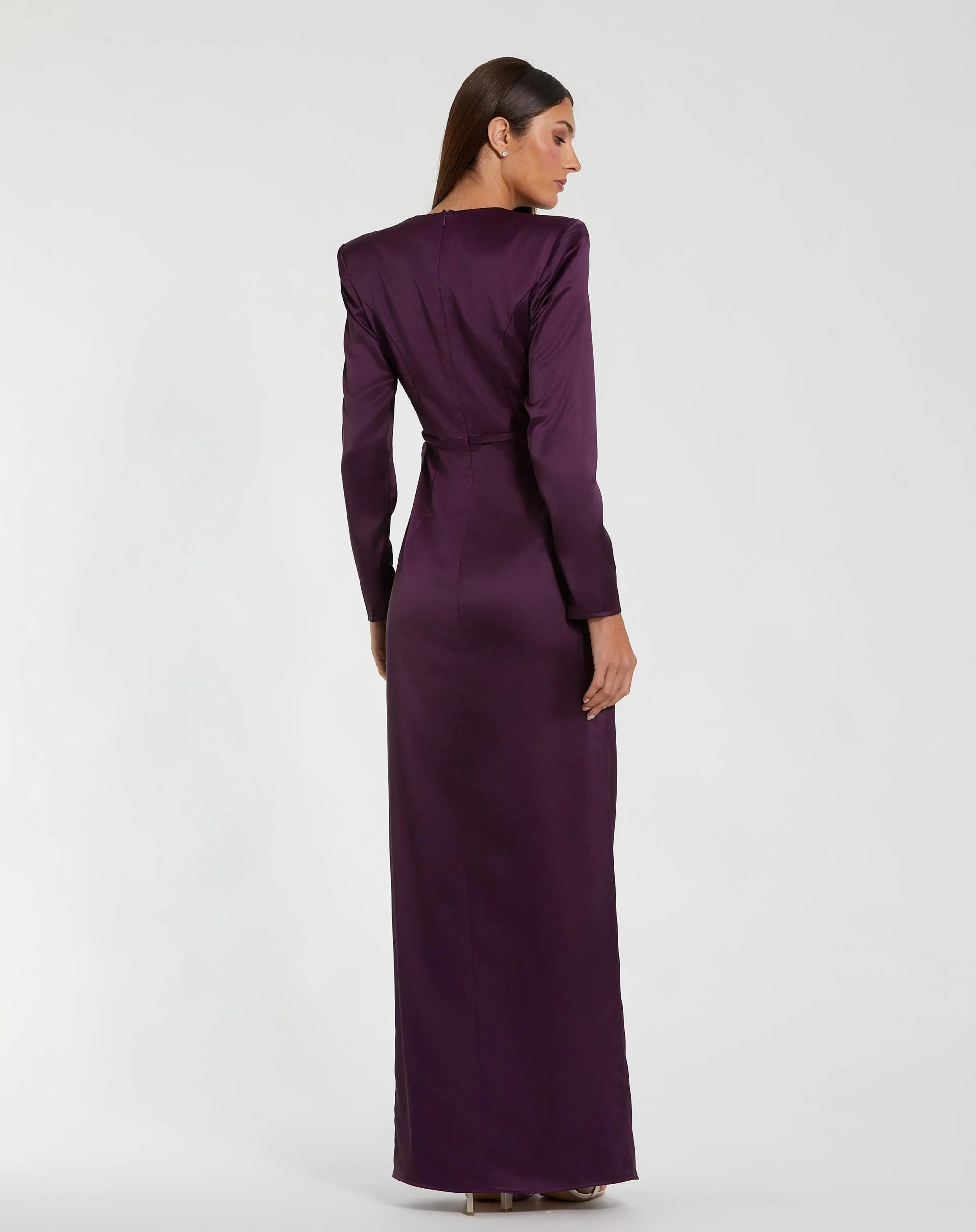 Purple Long Sleeve Structured Bow Draped Column Gown - Image 3