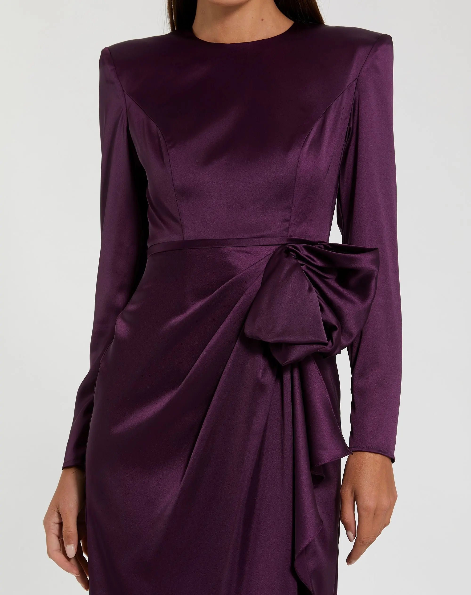 Purple Long Sleeve Structured Bow Draped Column Gown - Image 2
