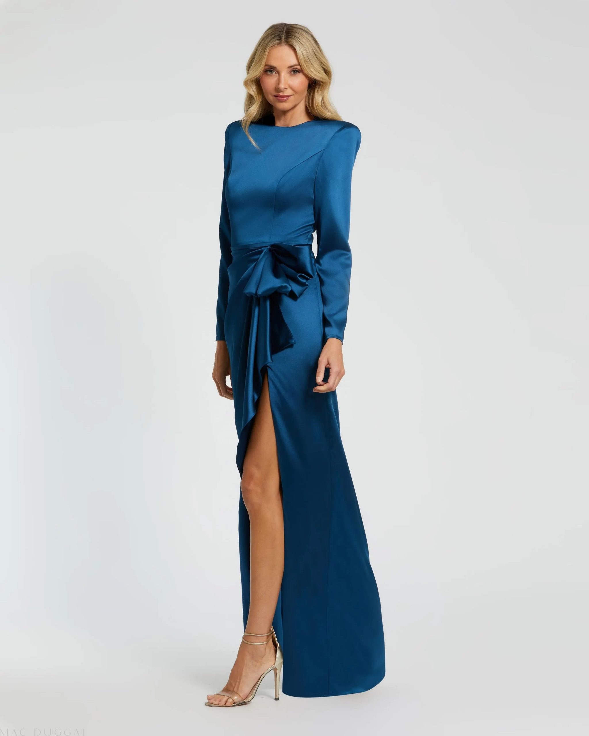 Blue Long Sleeve Satin Structured Bow Draped Column Gown - Image 3