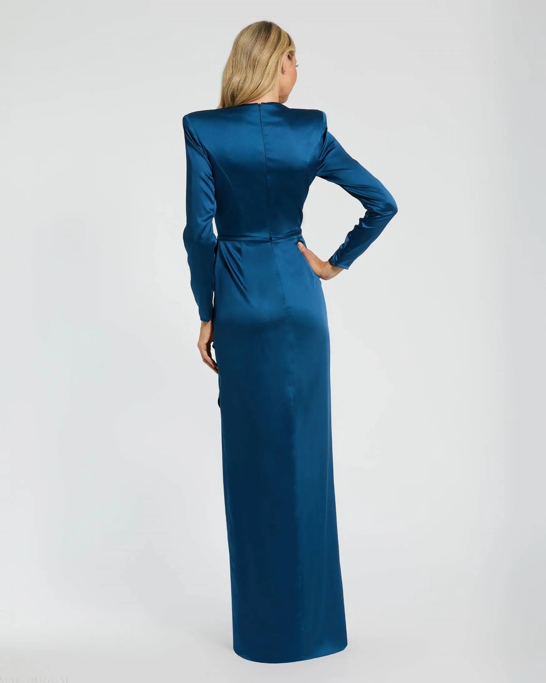 Blue Long Sleeve Satin Structured Bow Draped Column Gown - Image 4