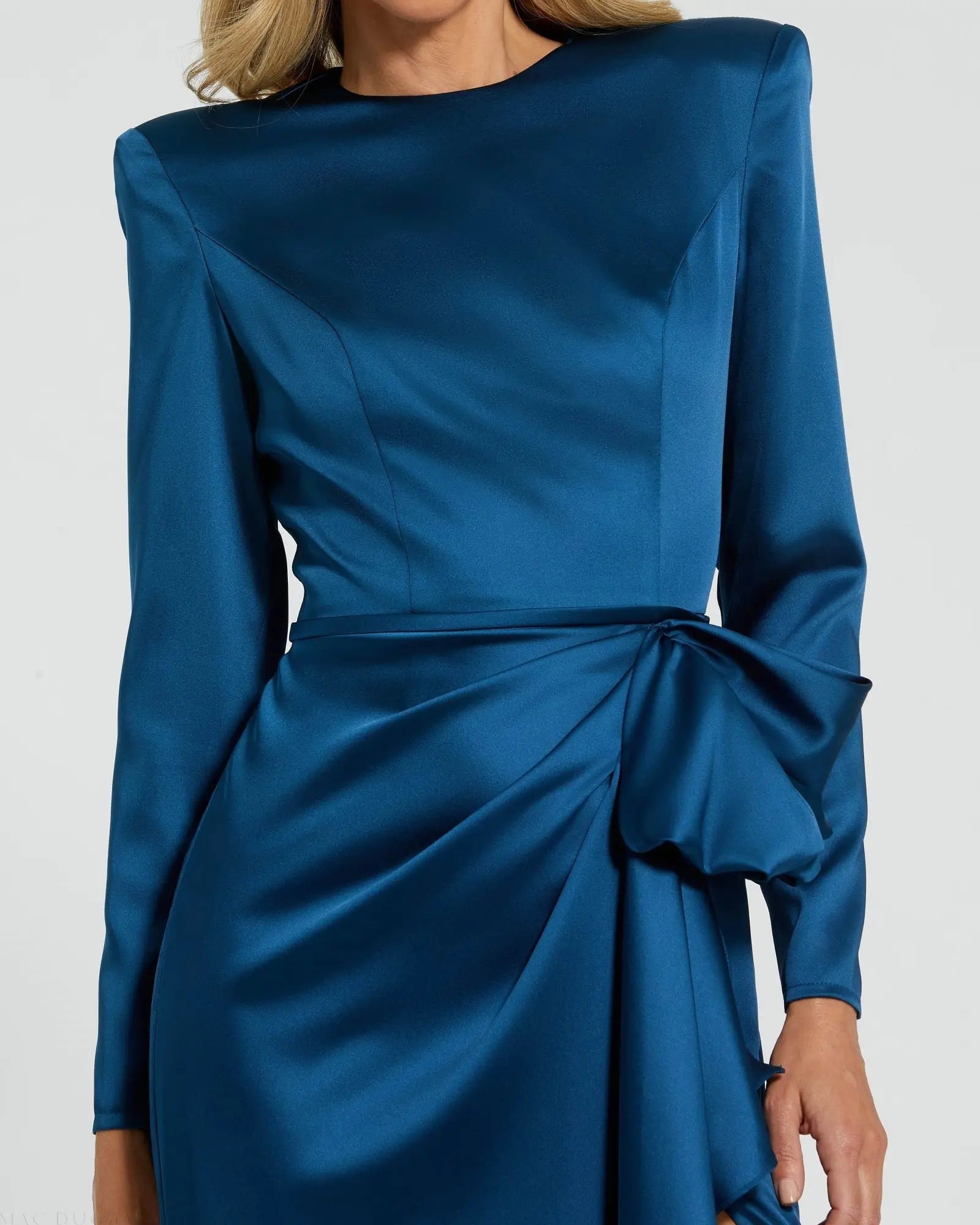 Blue Long Sleeve Satin Structured Bow Draped Column Gown - Image 2