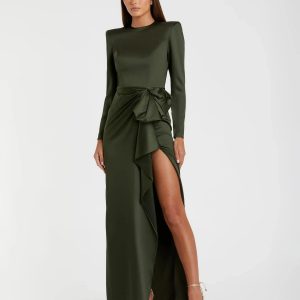 Dark Green Long Sleeve Satin Structured Bow Draped Column Gown