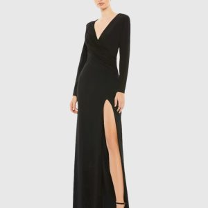 Black Jersey Long Sleeve Asymmetrical Ruched Gown
