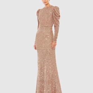 Sequined High Neck Puff Long Sleeve Column Gown