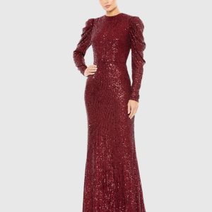 Red Sequined High Neck Puff Long Sleeve Column Gown