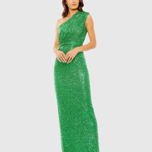 Green Sequined Ruched One Shoulder Gown
