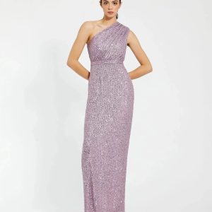 Purple Sequined Ruched One Shoulder Gown