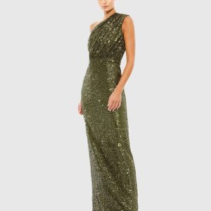 Dark Green Sequined Ruched One Shoulder Gown