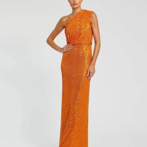 Orange Sequined Ruched One Shoulder Gown