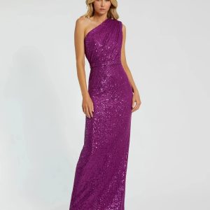 Dark Purple Sequined Ruched One Shoulder Gown