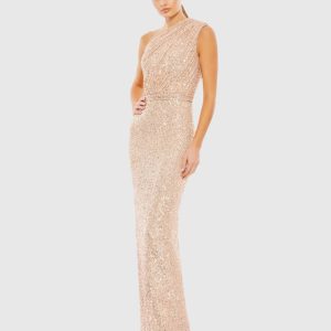 Pink Sequined Ruched One Shoulder Gown