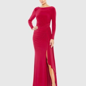 Ruched Long Sleeve Cowl Neck Gown