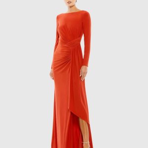 Orange Ruched Long Sleeve Boat Neck Gown