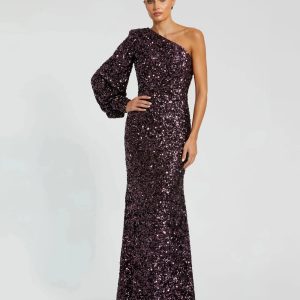 Purple Sequined One Shoulder Bishop Sleeve Trumpet Gown