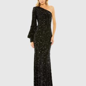 Black Sequined One Shoulder Bishop Sleeve Trumpet Gown