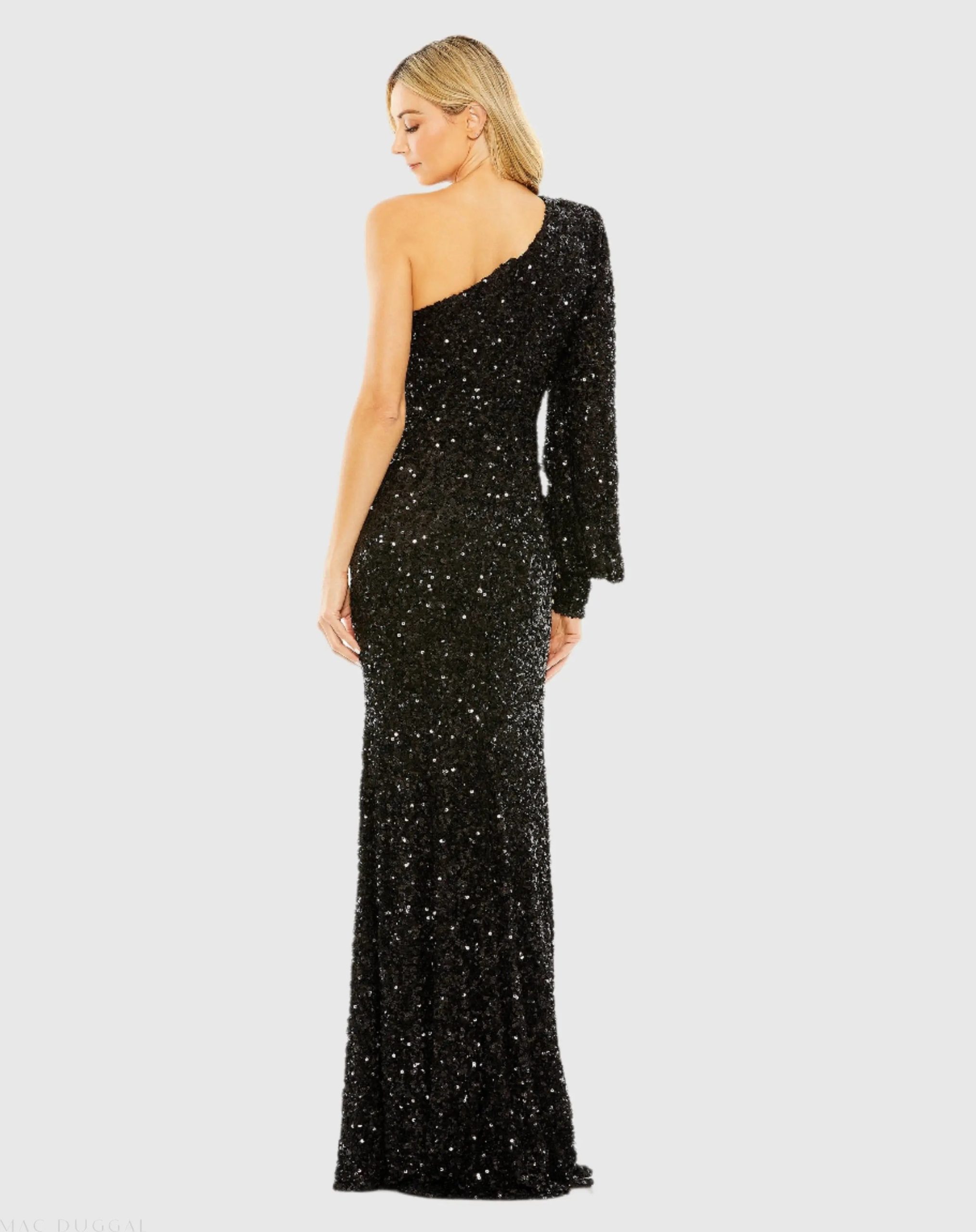 Black Sequined One Shoulder Bishop Sleeve Trumpet Gown - Image 3