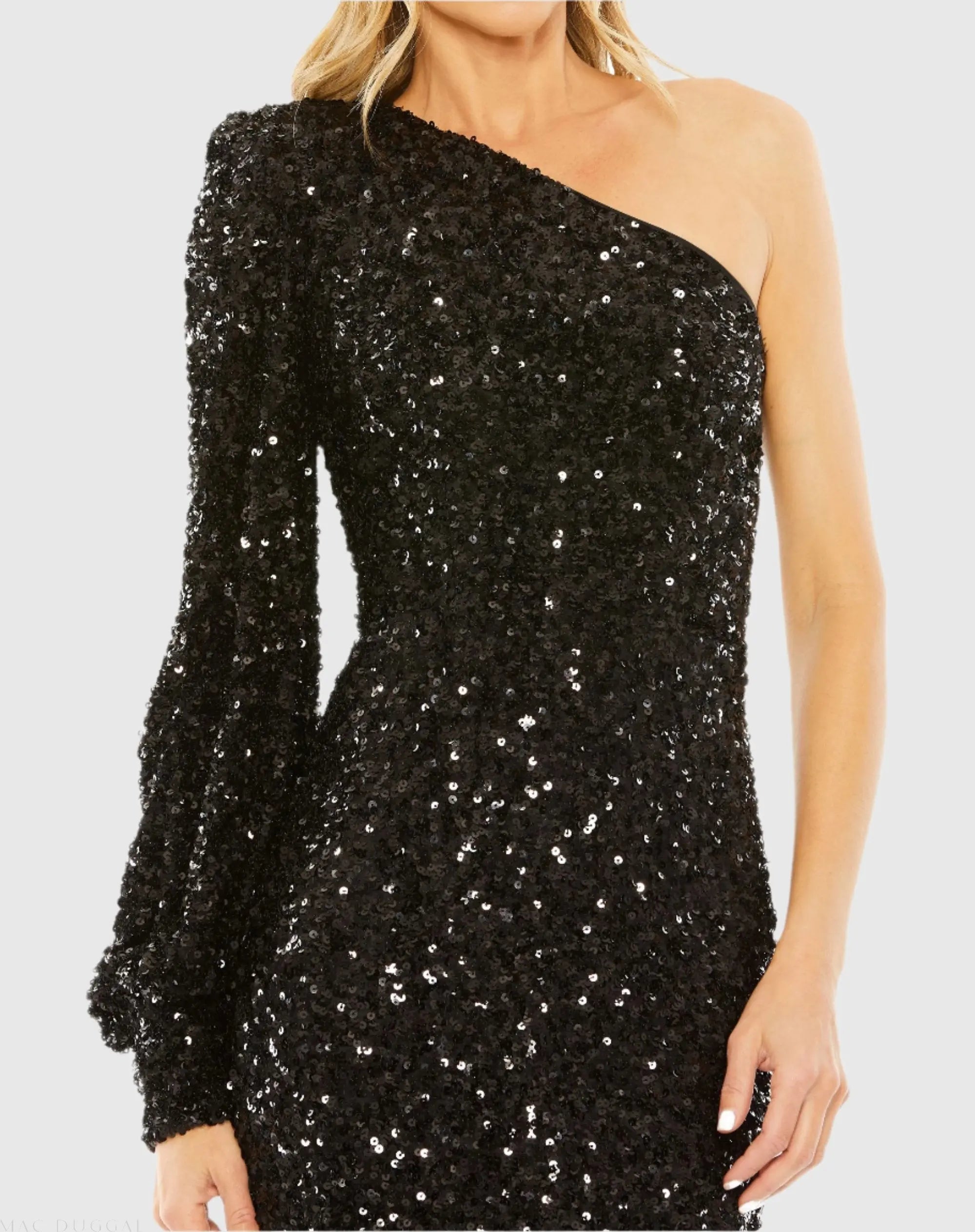 Black Sequined One Shoulder Bishop Sleeve Trumpet Gown - Image 2