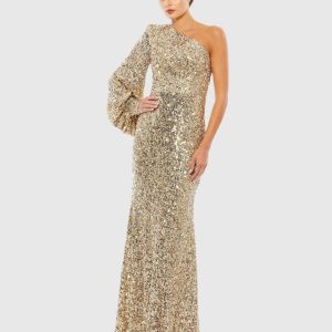 Gold Sequined One Shoulder Bishop Sleeve Trumpet Gown