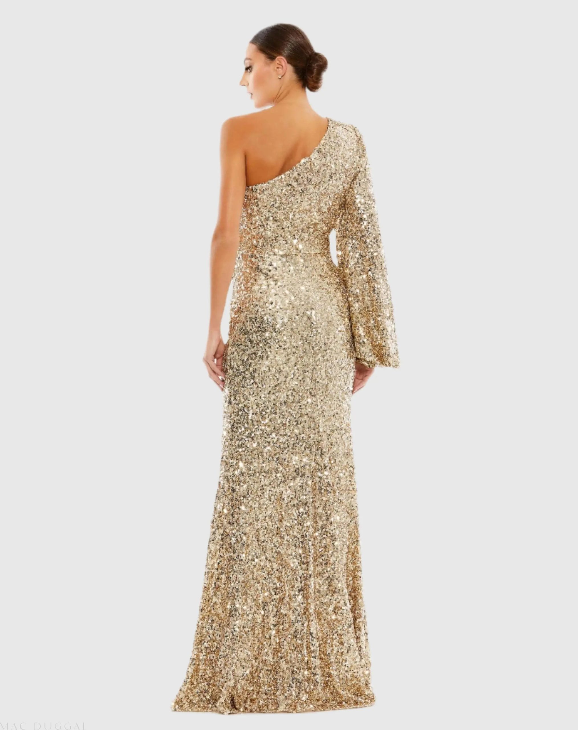 Gold Sequined One Shoulder Bishop Sleeve Trumpet Gown - Image 3