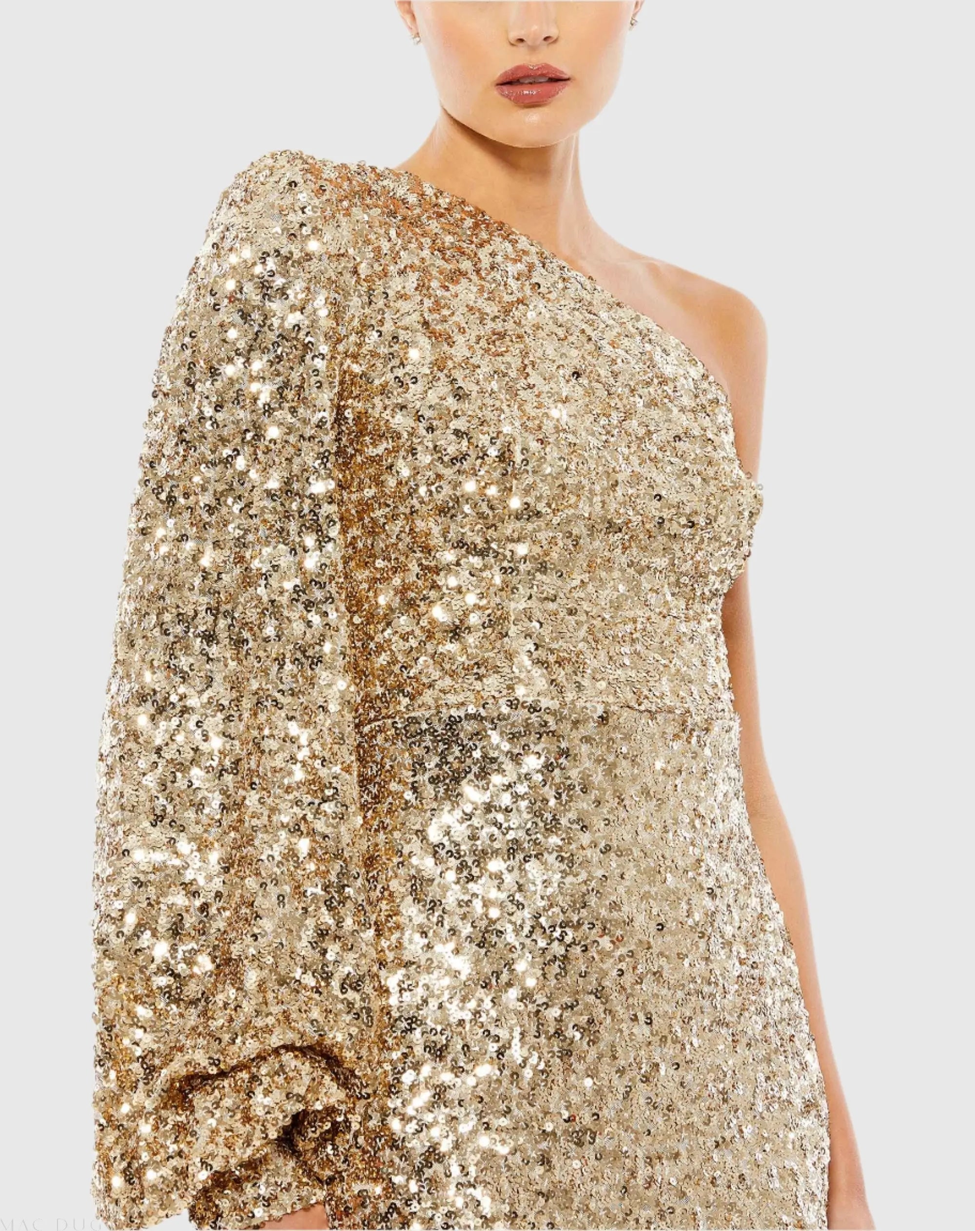 Gold Sequined One Shoulder Bishop Sleeve Trumpet Gown - Image 2