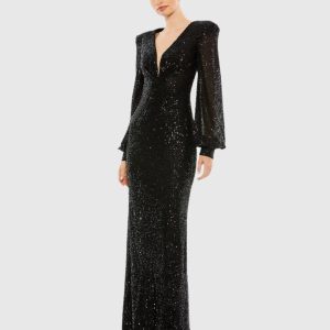 Black Sequined Plunge Neck Structured Bishop Sleeve Gown