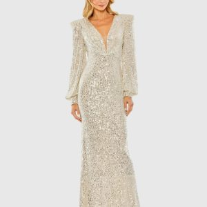 Sequined Plunge Neck Structured Bishop Sleeve Gown