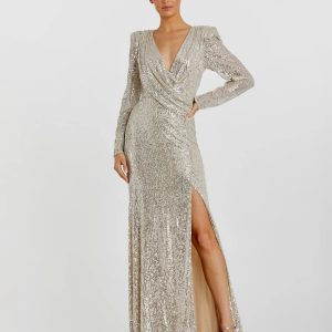Silver Sequined Long Sleeve Faux Wrap Ruched Gown